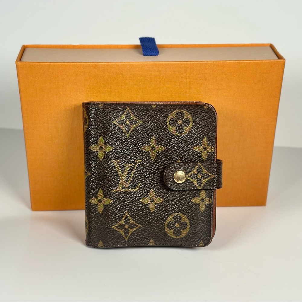 Authentic Louis Vuitton Monogram Compact Wallet in Brown and Gold